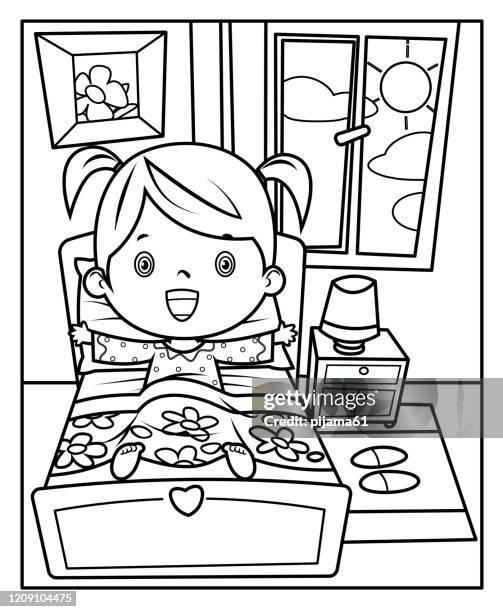 illustrations, cliparts, dessins animés et icônes de noir et blanc, réveil de fille - seulement des petites filles
