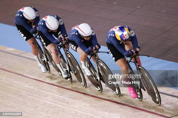 Members of Team USA Jennifer Valente, Chloe Dygert, Emma White and Lily Williams compete during the Women's Team Pursuit during day 2 of the UCI...