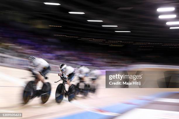 Germany's Franziska Brausse, Lisa Brennauer, Gudrun Stock and Lisa Klein compete at the Women's Team Pursuit during day 2 of the UCI Track Cycling...