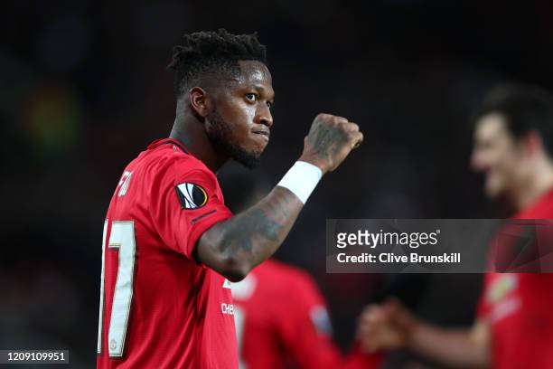 Fred of Manchester United celebrates after scoring his team's fourth goal during the UEFA Europa League round of 32 second leg match between...