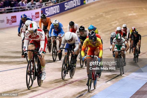 Yauheni Karaliok of Belarus competes to win Gold during the men's 15 km Scratch Race final compete in the men's 15 km Scratch Race final during day 2...