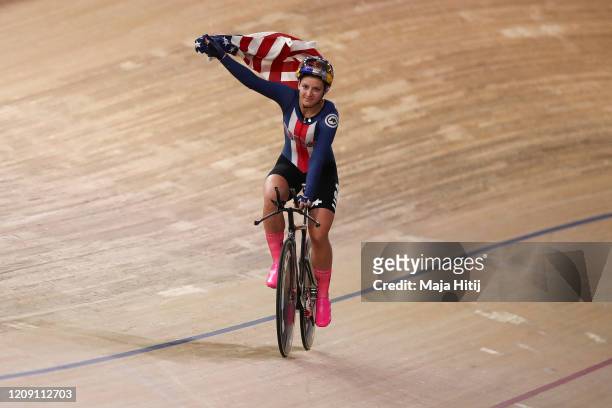 Chloe Dygert of USA celebrates after the Women's Team Pursuit Finals during day 2 of the UCI Track Cycling World Championships Berlin at Velodrom on...