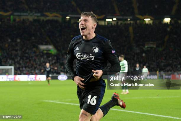 Pep Biel of FC Copenhagen celebrates after scoring his sides second goal during the UEFA Europa League round of 32 second leg match between Celtic FC...