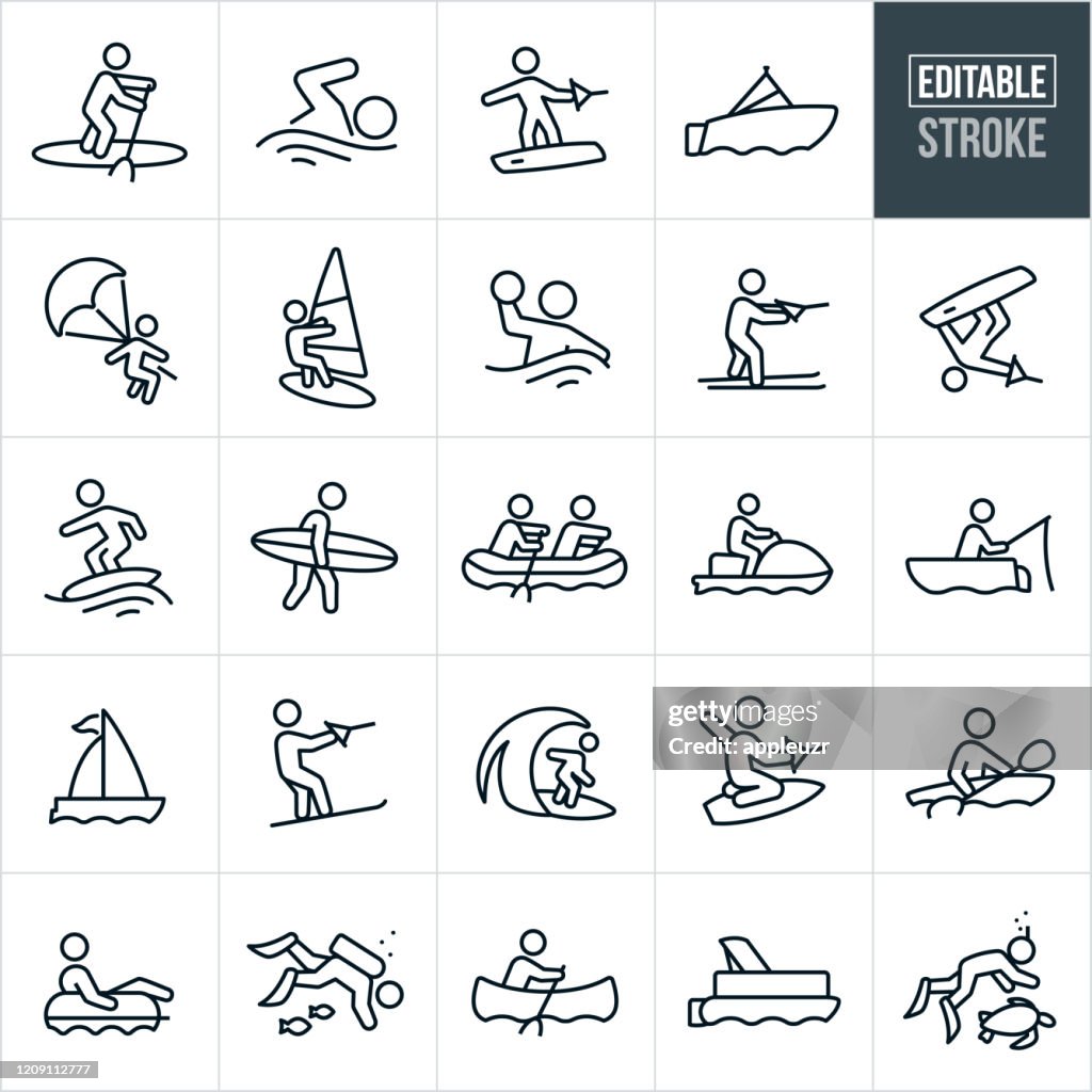 Iconos de línea delgada de recreación acuática - Trazo editable