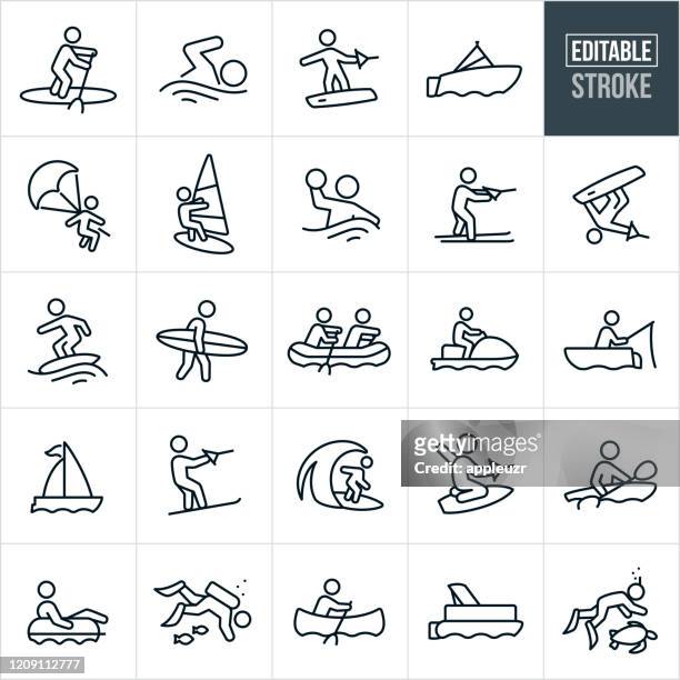 ilustraciones, imágenes clip art, dibujos animados e iconos de stock de iconos de línea delgada de recreación acuática - trazo editable - leisure activity