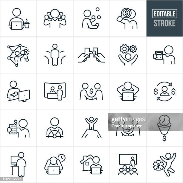 ilustraciones, imágenes clip art, dibujos animados e iconos de stock de iconos de línea fina de autoempleo - trazo editable - overworked