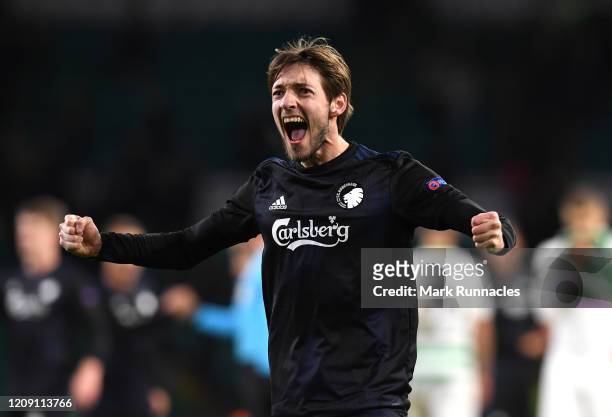 Rasmus Falk of FC Copenhagen celebrates victory during the UEFA Europa League round of 32 second leg match between Celtic FC and FC Kobenhavn at...