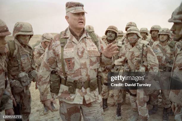 Norman Schwarzkopf addressing troops during the Gulf War.