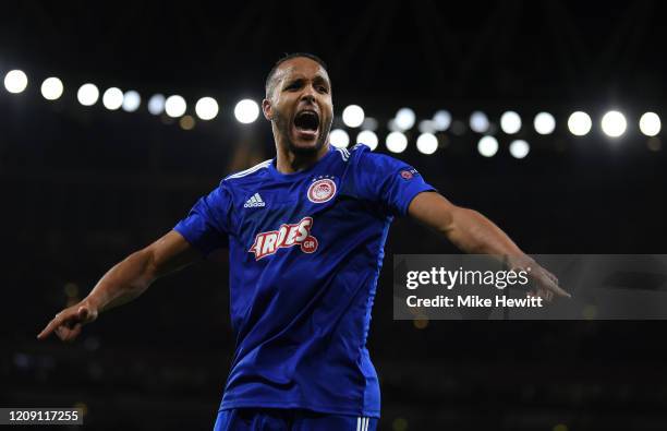 Youssef El Arabi of Olympiacos FC celebrates after scoring his team's second goal in extra-time during the UEFA Europa League round of 32 second leg...