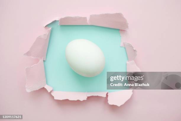 torn paper with space for text, easter egg and blue background - broken egg bildbanksfoton och bilder