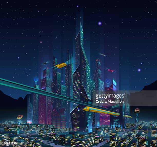 illustrazioni stock, clip art, cartoni animati e icone di tendenza di fantastica città del futuro di notte con neon light e cartelloni pubblicitari - futuristico