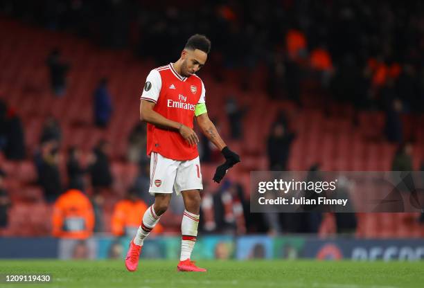 Pierre-Emerick Aubameyang of Arsenal FC looks dejected after defeat in the UEFA Europa League round of 32 second leg match between Arsenal FC and...