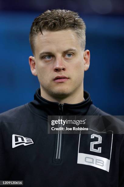 Quarterback Joe Burrow of LSU looks on during NFL Scouting Combine at Lucas Oil Stadium on February 27, 2020 in Indianapolis, Indiana.