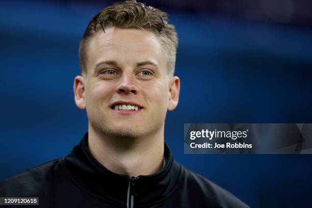 Quarterback Joe Burrow of LSU looks on during NFL Scouting Combine at Lucas Oil Stadium on February 27, 2020 in Indianapolis, Indiana.