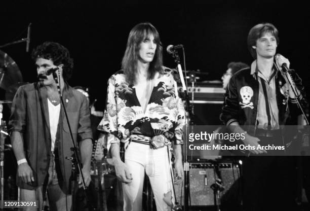 Musicians John Oates, Todd Rundgren and Daryl Hall perform onstage at the Roxy Theatre in 1978 for the recording of the live album "Back To The Bars"...