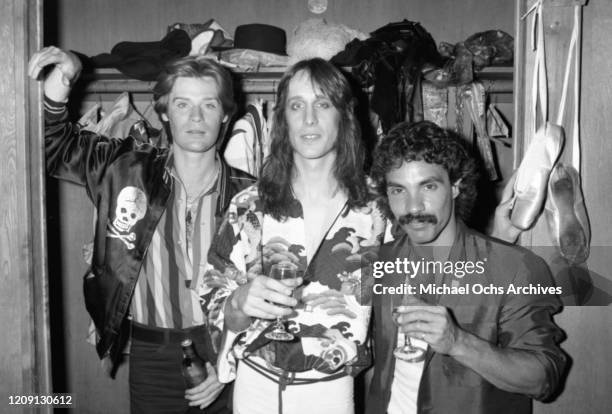 Musicians John Oates , Daryl Hall and Todd Rundgren backstage at the Roxy Theatre in 1978 for the recording of the live album "Back To The Bars" in...