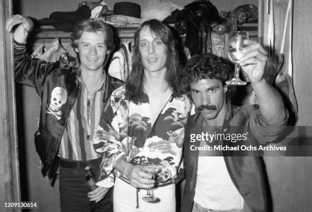 Musicians John Oates , Daryl Hall and Todd Rundgren backstage at the Roxy Theatre in 1978 for the recording of the live album "Back To The Bars" in...