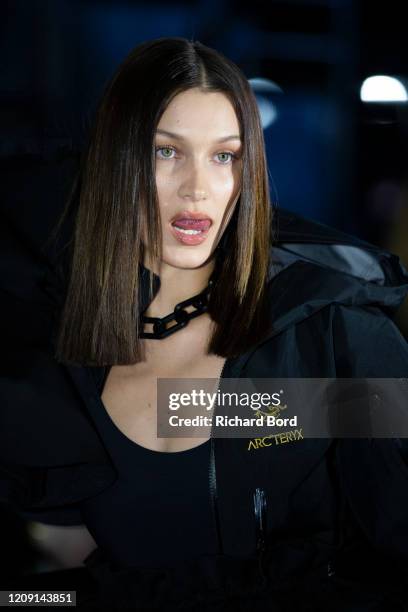 Bella Hadid prepares backstage before the Off-White Womenswear Fall/Winter 2020/2021 show at AccorHotels Arena as part of Paris Fashion Week on...