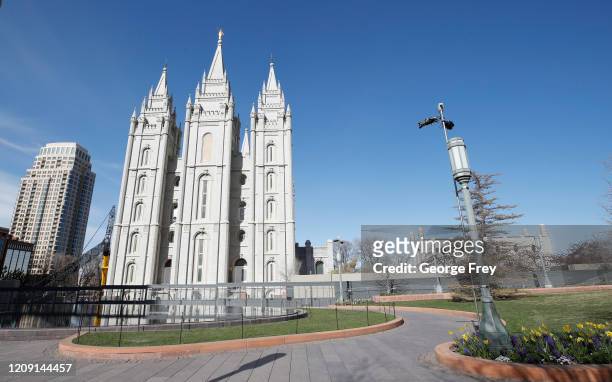 The historic Mormon Temple grounds sit empty during the 190th Annual General Conference of the Church of Jesus Christ of Latter-Day Saints on April...