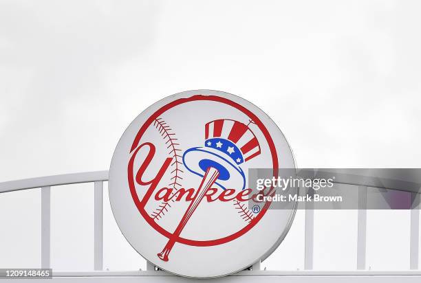 Detailed view of the New York Yankees logo on top of Steinbrenner Field before the spring training game between the New York Yankees and the...