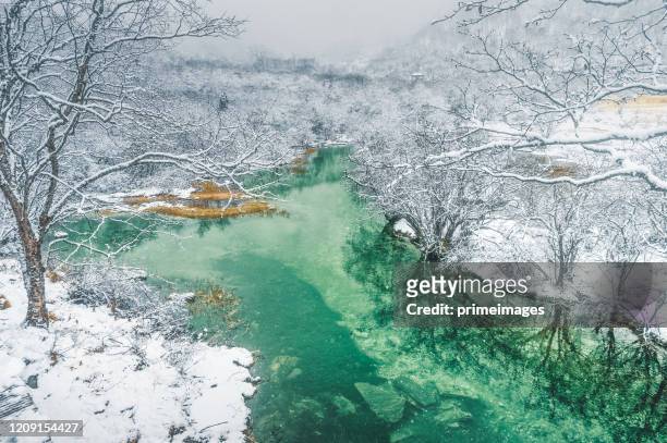 beautiful nature landscape of huang long and jiuzhaigou park national park with amazing snow in sichuan , china - jiuzhaigou imagens e fotografias de stock