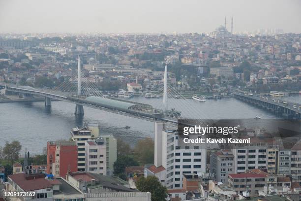 Panoramic vista of Istanbul's historic Golden Horn, seen from the top of Galata Tower on October 18, 2019 in Istanbul, Turkey. The landmark minarets...