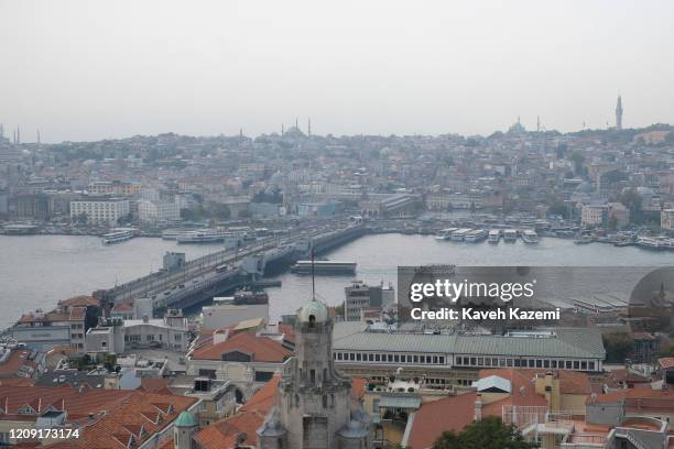Panoramic vista of Istanbul's historic Golden Horn, seen from the top of Galata Tower on October 18, 2019 in Istanbul, Turkey. The landmark minarets...