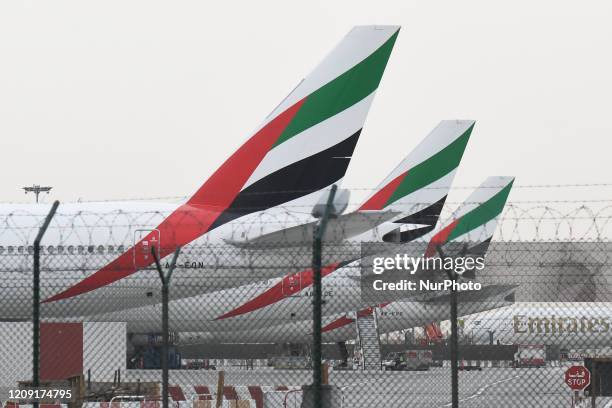 File picture of Emirates planes grounded at Dubai International Airport on February 28, 2019. Emirates Airline has been grounded since March 25, 2020...