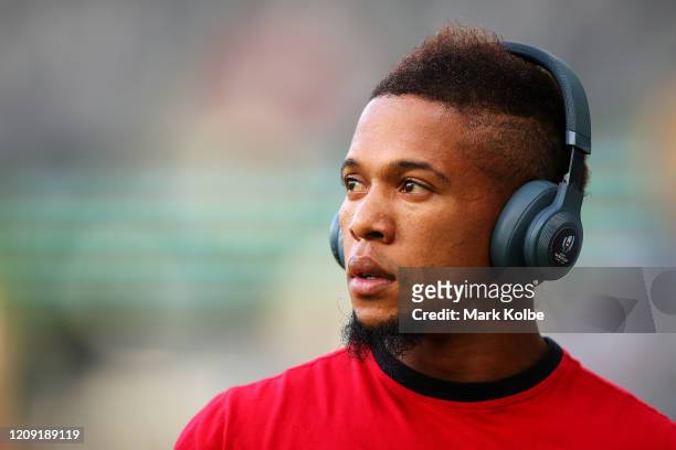 Elton Jantjies of the Lions watches on as he walks on the field before the round five Super Rugby match between the Waratahs and the Lions at...