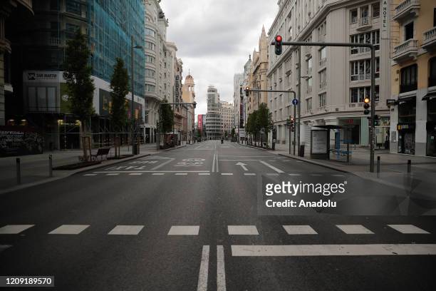 View of empty Gran Via street during the state of emergency by the government against the coronavirus outbreak in Madrid, Spain on April 5, 2020....