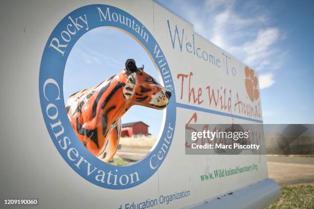 Signage for the Wild Animal Sanctuary where 39 tigers rescued from Joe Exotic's G.W. Exotic Animal Park currently reside on April 5, 2020 in...