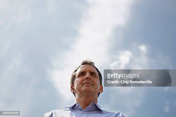 Republican presidential candidate and former Minnesota Governor Tim Pawlenty talks to voters at the Des Moines Register's Soapbox during the second...