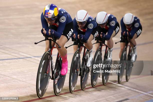 Members of Team USA Jennifer Valente, Chloe Dygert, Emma White and Lily Williams compete during the Women's Team Pursuit Final during day 2 of the...