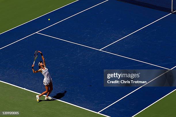 Galina Voskoboeva of Kazakhstan serves to Victoria Azarenka of Belarus on Day 5 of the Rogers Cup presented by National Bank at the Rexall Centre on...