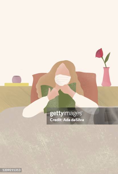 a sick women wearing a medical face mask and reading a book - human interest stock illustrations