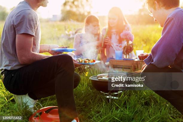 barbecue mit freunden  - schaschlik stock-fotos und bilder