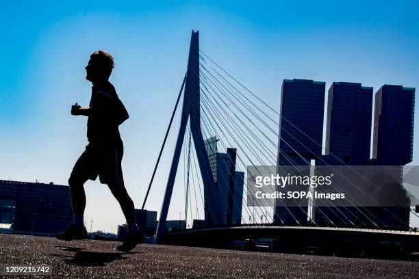Silhouette of a man jogging on the Rotterdam Marathon course during the corona virus crisis. The Rotterdam Marathon is always carried out on the 5th...