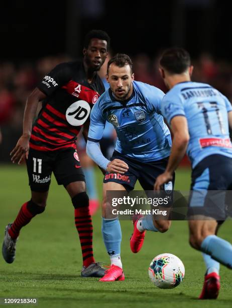 Adam Le Fondre of Sydney FC controls the ball during the round 18 A-League match between Sydney FC and the Western Sydney Wanderers at Netstrata...