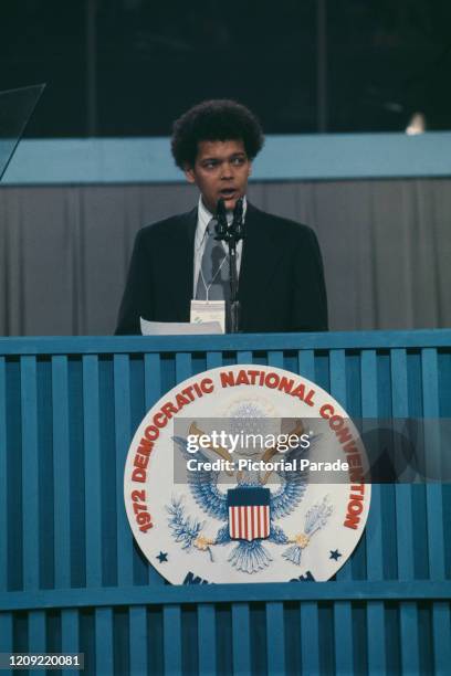 American civil rights activist Julian Bond addressing the 1972 Democratic National Convention, held at the Miami Beach Convention Center in Miami...