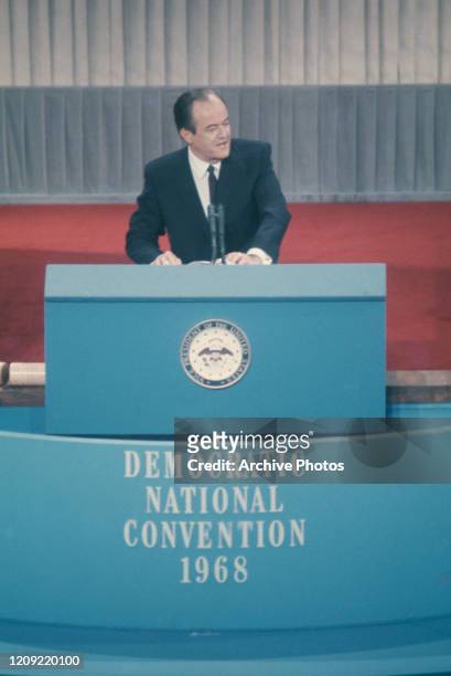 American Democratic Party politician Hubert Humphrey speaking on the podium at the 1968 Democratic National Convention, held at the International...