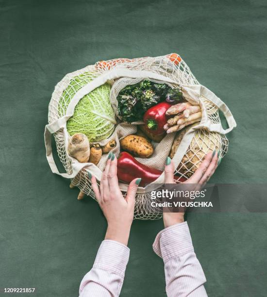 female hands holding eco friendly mesh shopping bag with vegetables - speisen und getränke stock-fotos und bilder