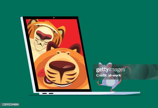 mouse and cats communicating over laptop computer - computer posture stock illustrations