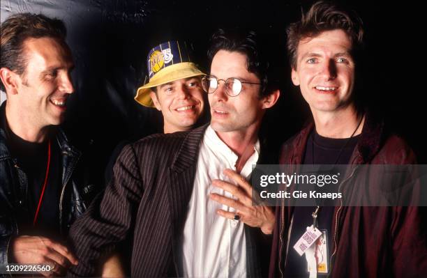 Portrait of Crowded House, Nick Seymour, Paul Hester, Mark Hart, Neil Finn, backstage, Torhout/Werchter Festival, Werchter, Belgium, 5 July 1992.