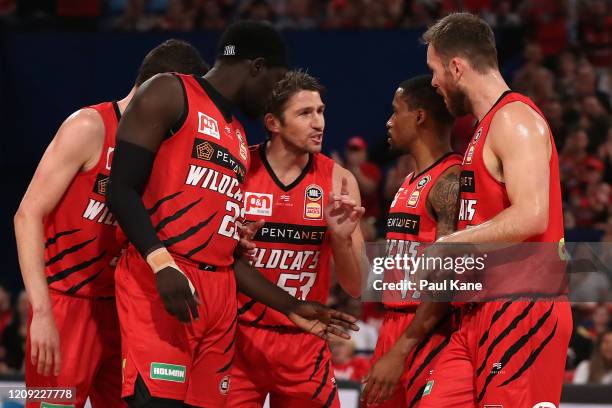 Damian Martin of the Wildcats addresses his players during game one of the NBL Semi Finals Series between the Perth Wildcats and the Cairns Taipans...