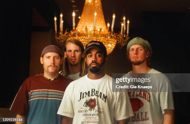 Studio portrait of Hootie & the Blowfish, Darius Rucker, Mark Bryan, Dean Felber, Jim Sonefeld, Conrad Hotel, Brussel, Belgium, 30 May 1996.