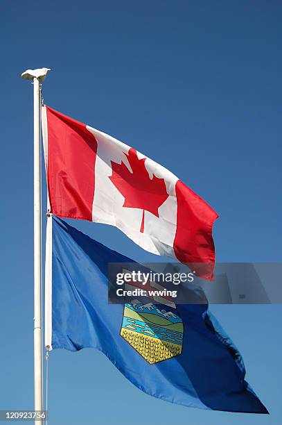 canadian and alberta flags - provincial legislature stock pictures, royalty-free photos & images