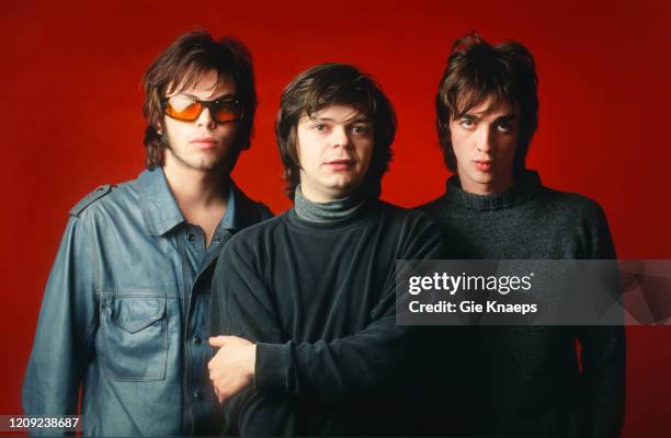 Studio portrait of Supergrass, Gaz Coombes, Mick Quinn, Danny Goffey, Vaartkapoen , Brussel, Belgium, 9 December 1995.