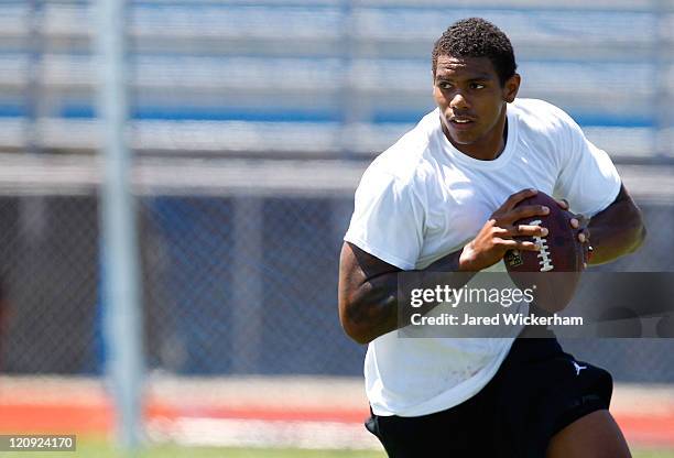 Terrelle Pryor works out at a practice facility on August 12, 2011 in Jeannette, Pennsylvania.