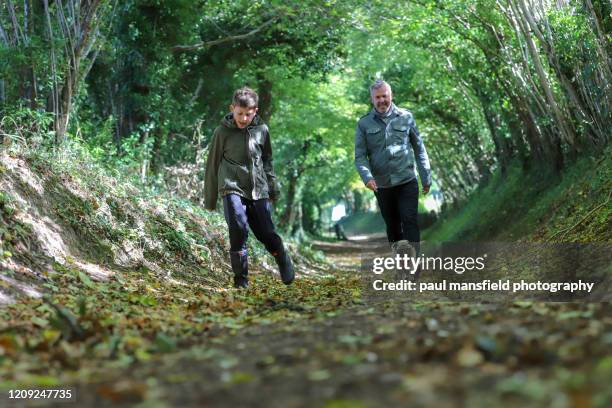 father and son walking dog - paul wood stock pictures, royalty-free photos & images