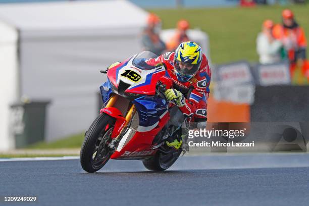 Alvaro Bautista of Spain and Team HRC heads down a straight during the 2020 Superbike World Championship at Phillip Island Grand Prix Circuit on...
